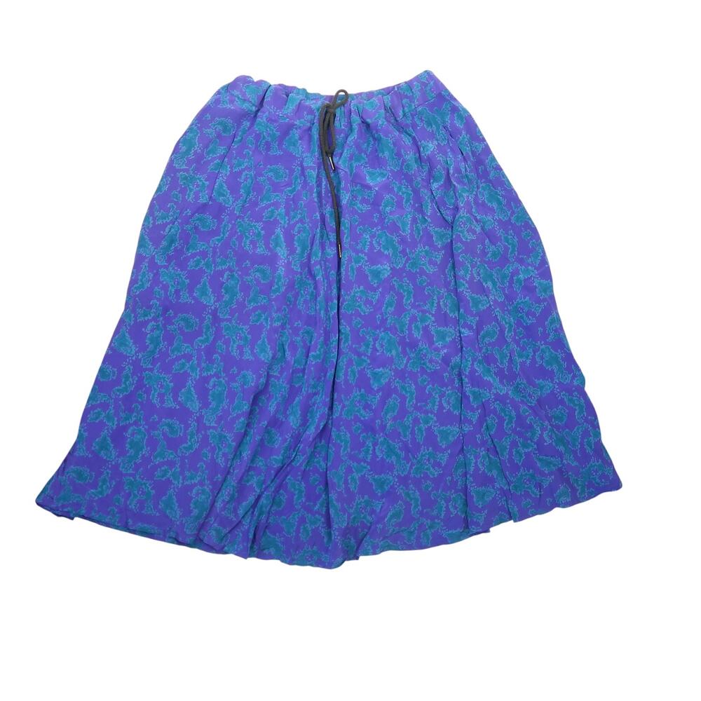 Vintage 80s Agenda Vibrant Blue Floral Silk A-Line Midi Skirt XL